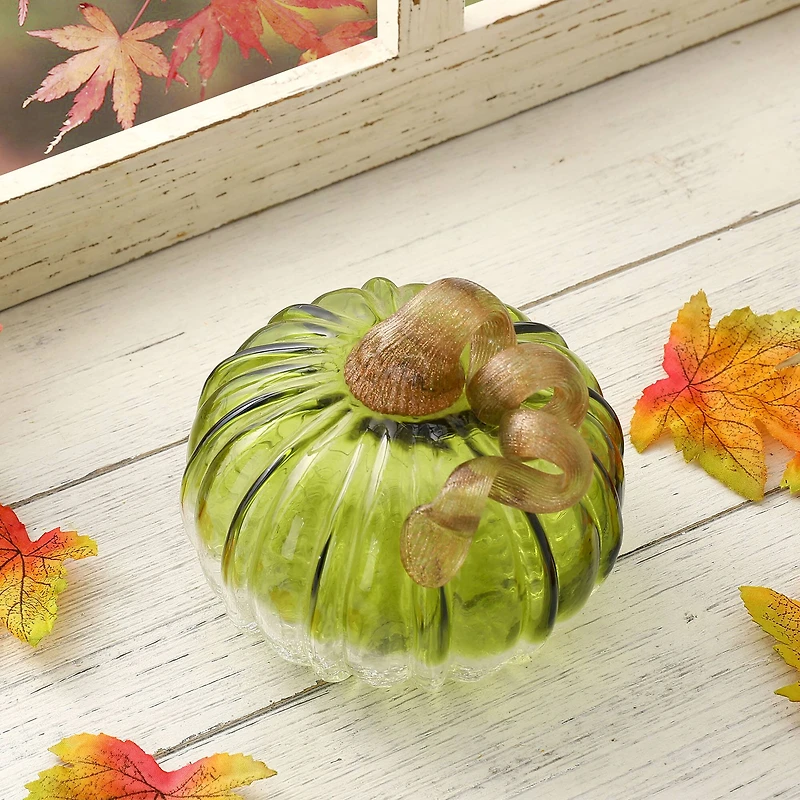 Glitzhome® Short Crackle Glass Pumpkin, Green
