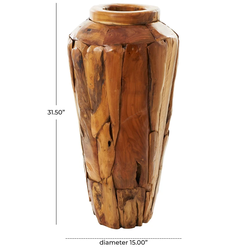 Brown Teak Wood Handmade Tall Floor Vase with Mosaic Live Edge