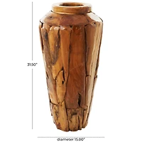 Brown Teak Wood Handmade Tall Floor Vase with Mosaic Live Edge