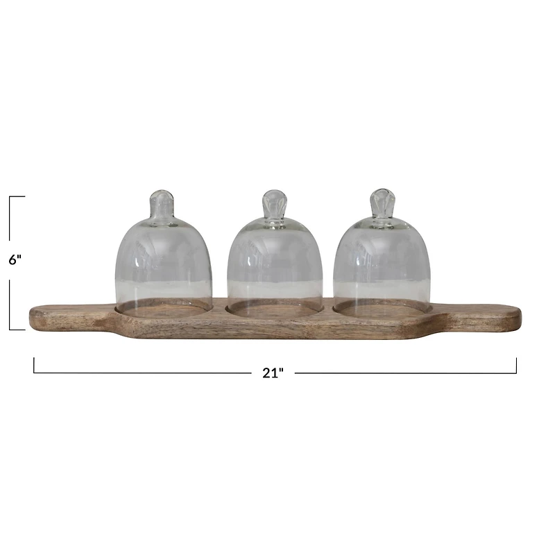 Hello Honey® Mango Wood Serving Tray with 3 Glass Cloches Set