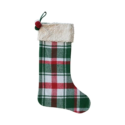 Hello Honey® 20" Red, Green & White Plaid Brushed Cotton Flannel Stocking with Sherpa Cuff & Pom Poms