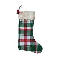 Hello Honey® 20" Red, Green & White Plaid Brushed Cotton Flannel Stocking with Sherpa Cuff & Pom Poms
