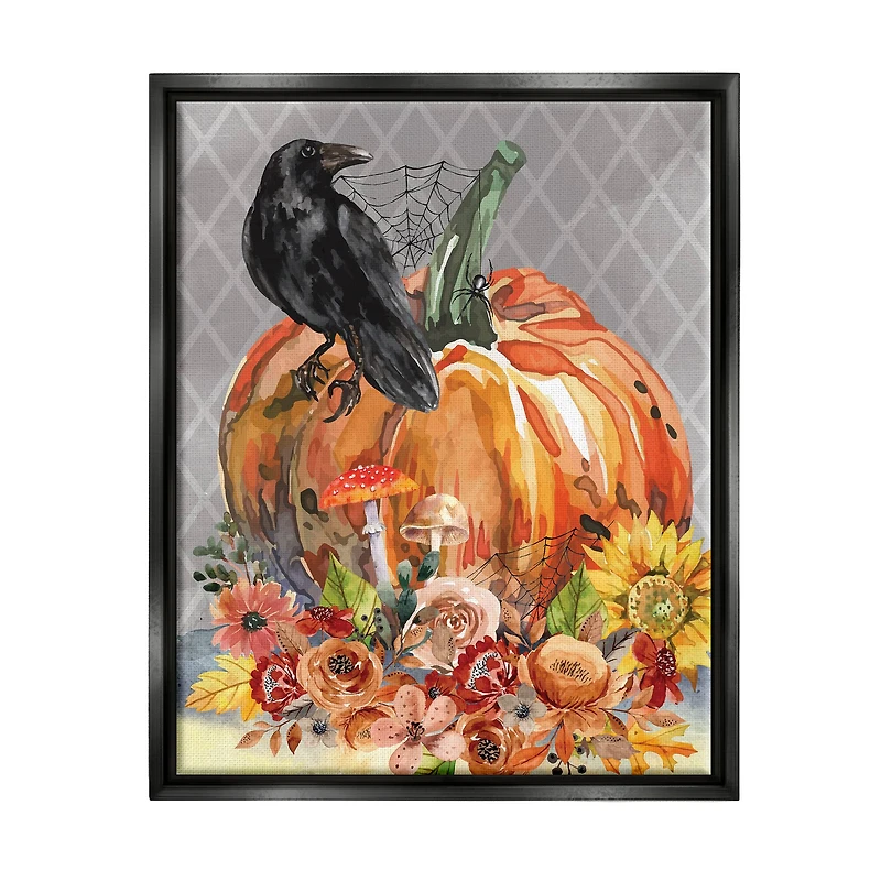 Stupell Industries Autumn Crow Pumpkin Botanicals Framed Floater Canvas Wall Art