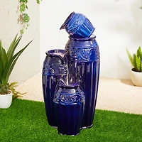 Glitzhome® 35.5" Oversized 4-Tier Embossed Pattern Ceramic Pots Outdoor Fountain with LED Light