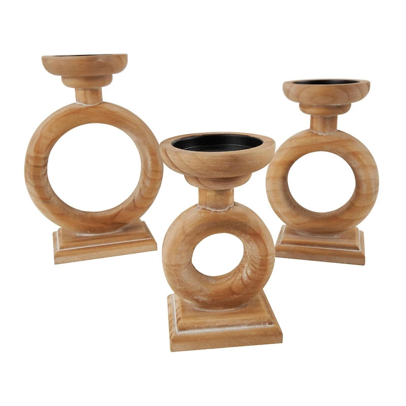 Brown Wood Circular Ring Candle Holder Set
