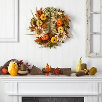 24" Pumpkin, Sunflower Artificial Autumn Wreath With Decorative Ribbon