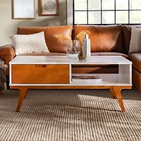 White & Caramel 1-Drawer Bridge Leg Solid Wood Coffee Table