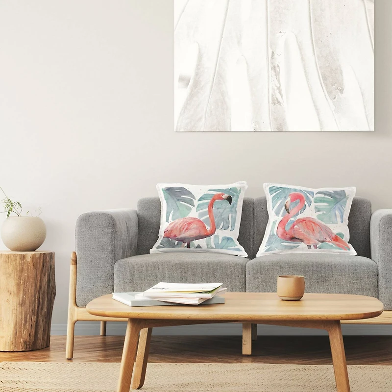 Stupell Industries Tropical Pink Flamingo Green Monstera Leaves 2 Pillow Set, 18" x 18"