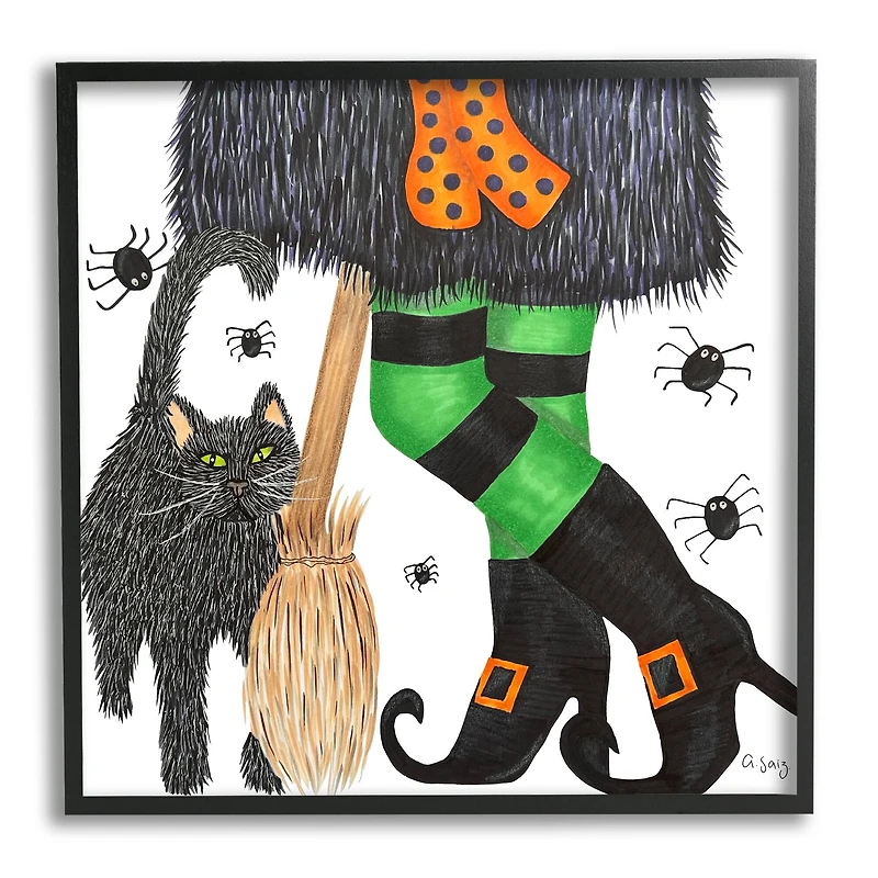 Stupell Industries Witch Broom Halloween Black Cat Framed Giclee Art