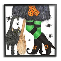 Stupell Industries Witch Broom Halloween Black Cat Framed Giclee Art