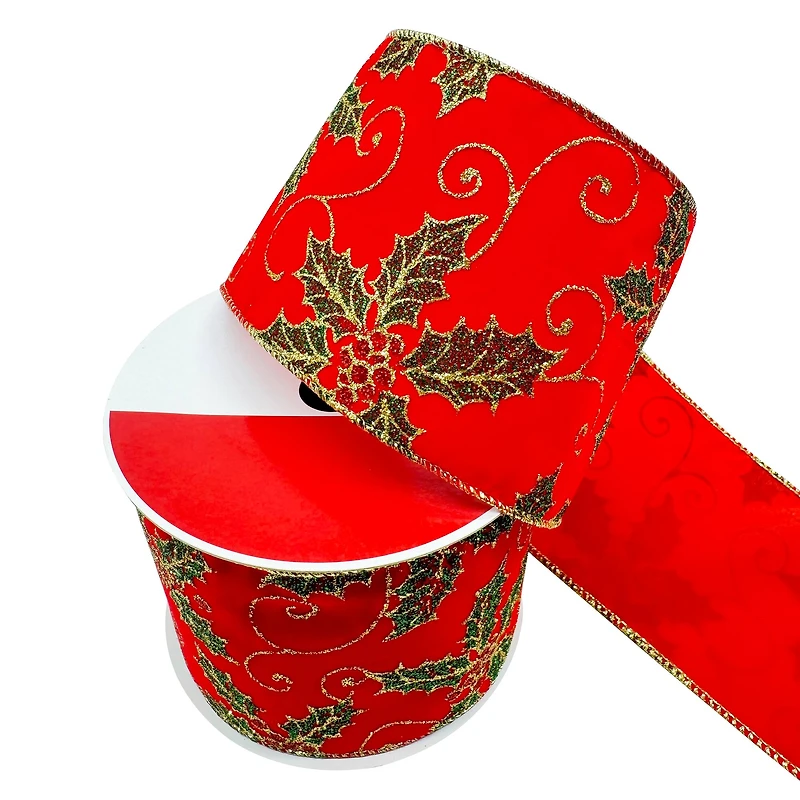 3.5" x 25ft. Red Glitter Holly Wired Ribbon by Celebrate It®