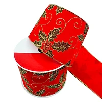 3.5" x 25ft. Red Glitter Holly Wired Ribbon by Celebrate It®
