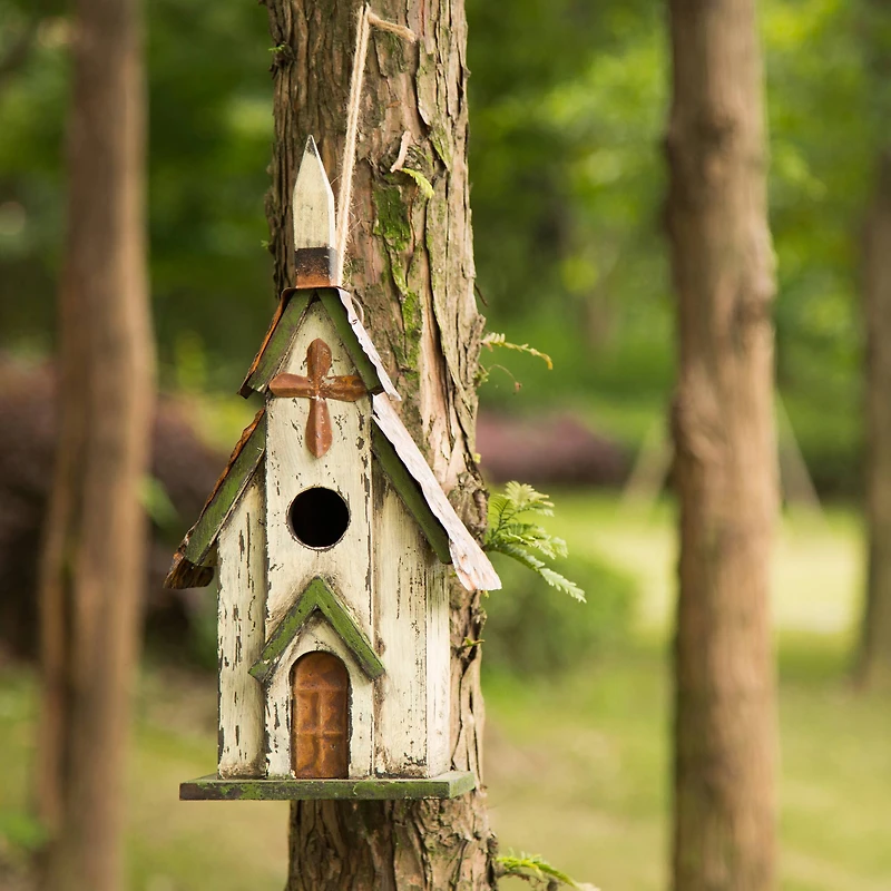 Glitzhome® Distressed Wooden Church Birdhouse