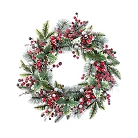 Glitzhome® 24"D Christmas Red Pomegranate Berry & Holy Leaf Wreath