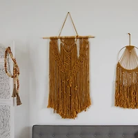 Brown Fabric Handmade Intricately Weaved Macrame Wall Decor with Beaded Fringe Tassels 27" x 1" x 49"