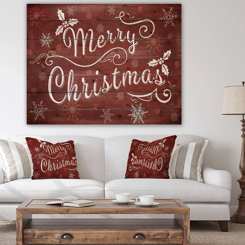 Designart Merry Christmas on Red Print on Natural Pine Wood