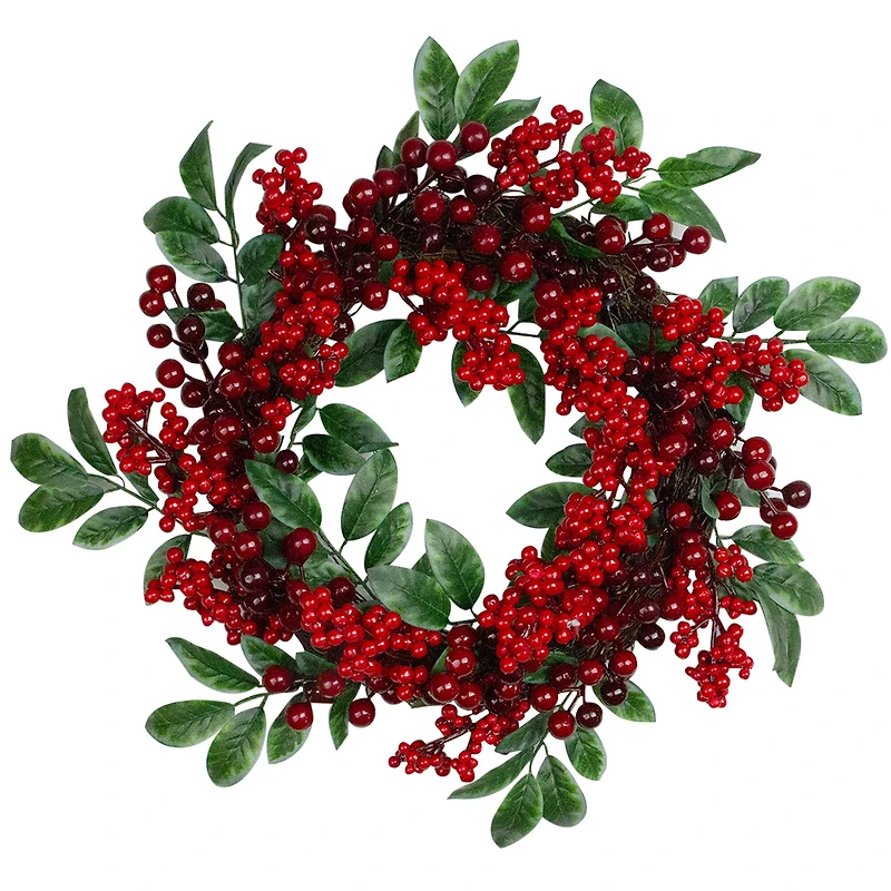 18" Red Berries & Two-Tone Green Leaves Artificial Wreath, Unlit
