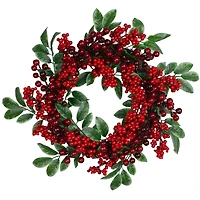 18" Red Berries & Two-Tone Green Leaves Artificial Wreath, Unlit