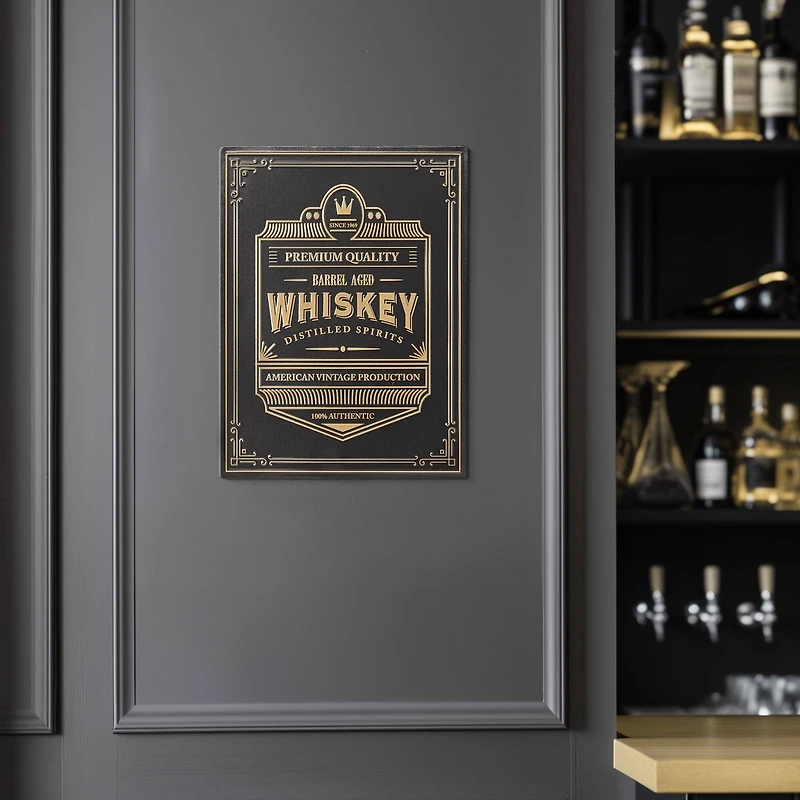 American Art Decor Barrel Aged Whiskey Embossed Black and Gold Metal Bar Sign
