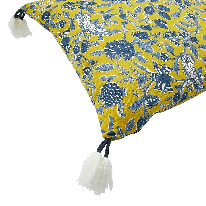 Hello Honey® Chartreuse & Blue Floral Pattern Cotton Pillow with Yarn-Wrapped Tassels