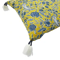 Hello Honey® Chartreuse & Blue Floral Pattern Cotton Pillow with Yarn-Wrapped Tassels