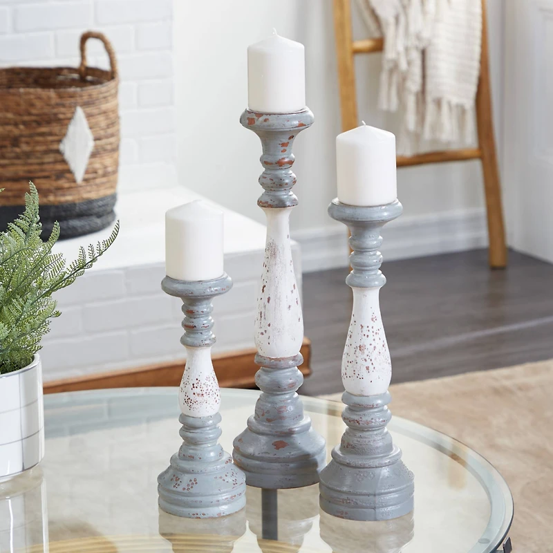 20" White & Gray Wood Farmhouse Candlestick Holder Set