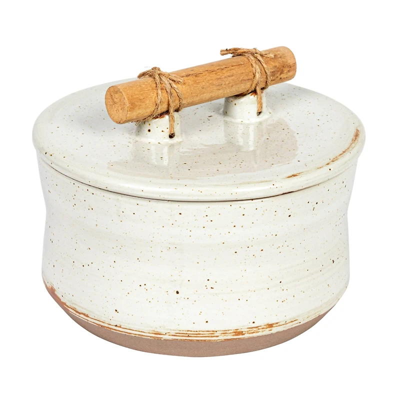 Hello Honey® 6.75" Beige Reactive Glaze Stoneware Canister with Pine Wood & Jute Handle Lid