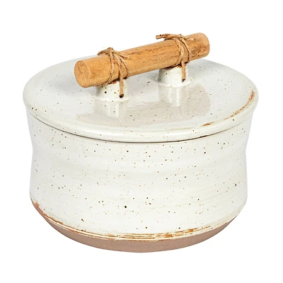 Hello Honey® 6.75" Beige Reactive Glaze Stoneware Canister with Pine Wood & Jute Handle Lid