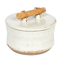 Hello Honey® 6.75" Beige Reactive Glaze Stoneware Canister with Pine Wood & Jute Handle Lid