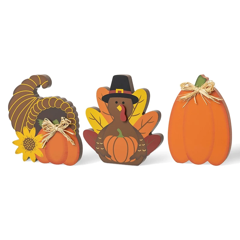 Glitzhome® 7" Thanksgiving Wooden Pumpkin, Turkey & Croissant Table Décor Set