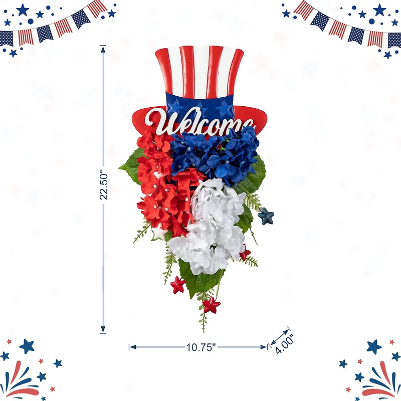 Glitzhome® 22.5" Patriotic Americana Metal Top Hat & Hydrangea Swag Wall Décor