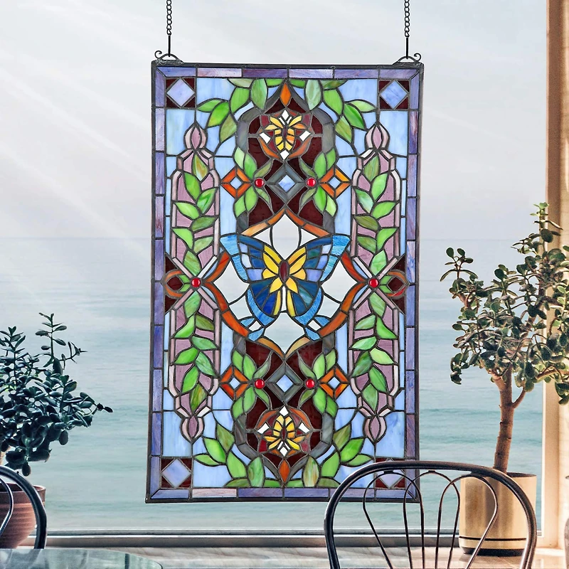 Design Toscano 25.5" Butterfly Utopia Tiffany-Style Stained Glass Window Hanging Décor