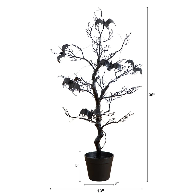 3ft. Pre-Lit Artificial Halloween Black Spooky Twig Tree with Bats and 100 Orange & Purple LED Lights