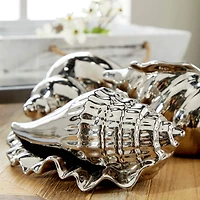 Set of 3 Silver Ceramic Coastal Shell Sculpture, 8", 7", 6"