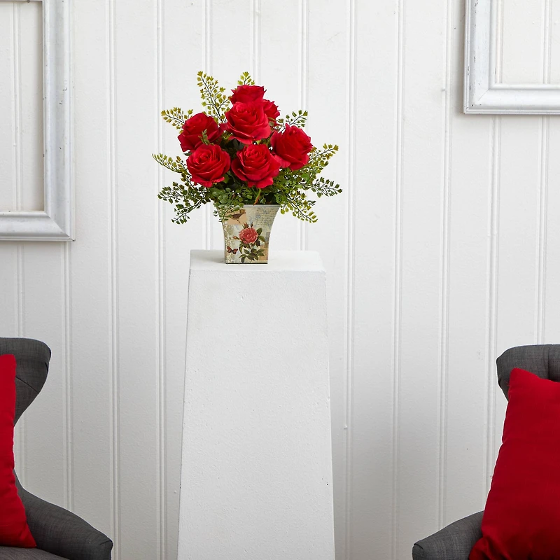 13" Red Rose & Maiden Hair Arrangement in Floral Planter