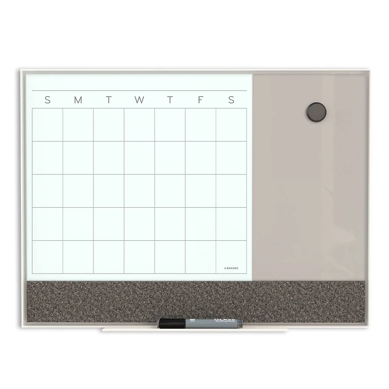 U Brands 3-in-1 White Aluminum Framed White and Gray Magnetic Glass Monthly Calendar Dry-Erase Board