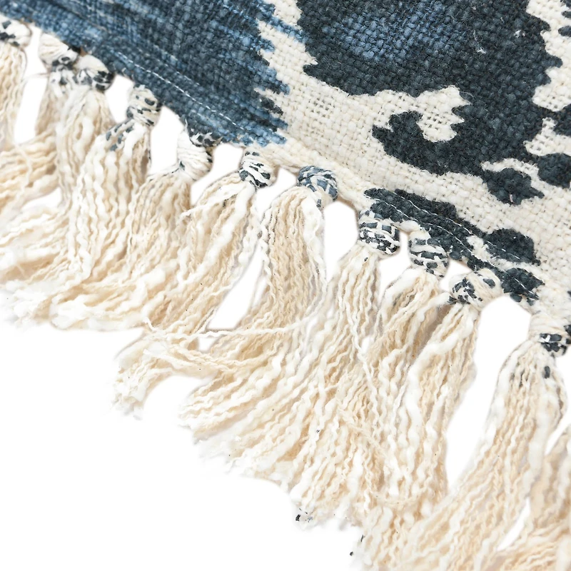 Hello Honey® Blue Stonewashed Ikat Pattern Woven Cotton Blend Pillow with Fringe
