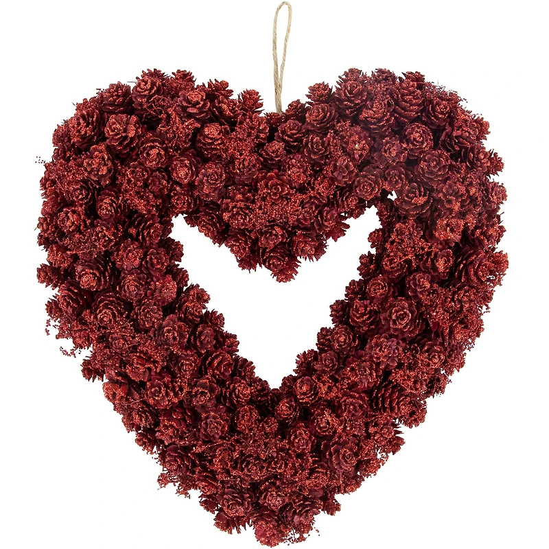 14" Red Valentine's Day Wooden Pinecone Rose Heart Wreath