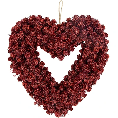 14" Red Valentine's Day Wooden Pinecone Rose Heart Wreath