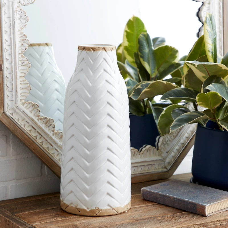 White Porcelain Coastal Style Vase, 7" x 16"