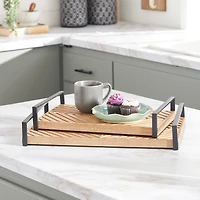 Brown Ribbed Wood Farmhouse Tray Set