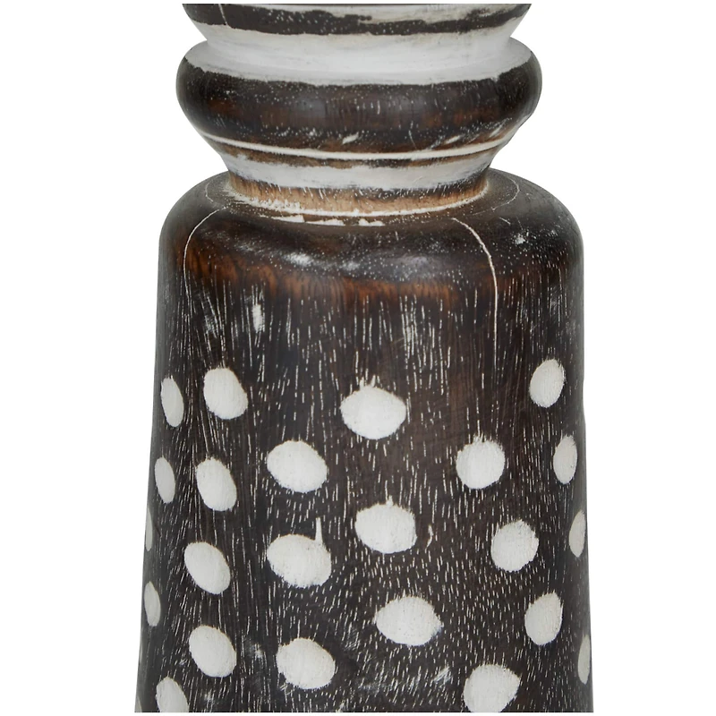 Dark Brown Mango Wood Round Carved Dotted Pillar Candle Holder Set