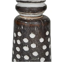 Dark Brown Mango Wood Round Carved Dotted Pillar Candle Holder Set