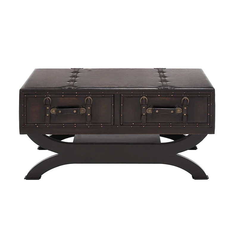 Brown Faux  Leather and Wood Traditional Coffee Table, 21" x 40" x 19"