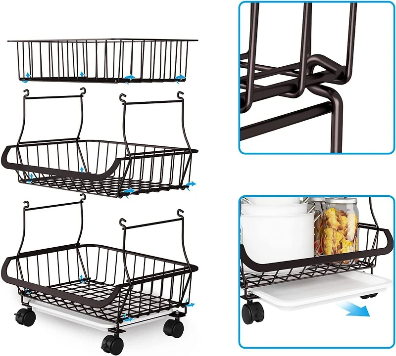 Black 3-Tier Rolling Stackable Utility Cart