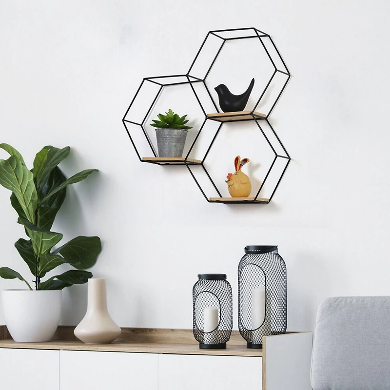 Nex™ Black Metal Modern Floating Hexagonal Shelf