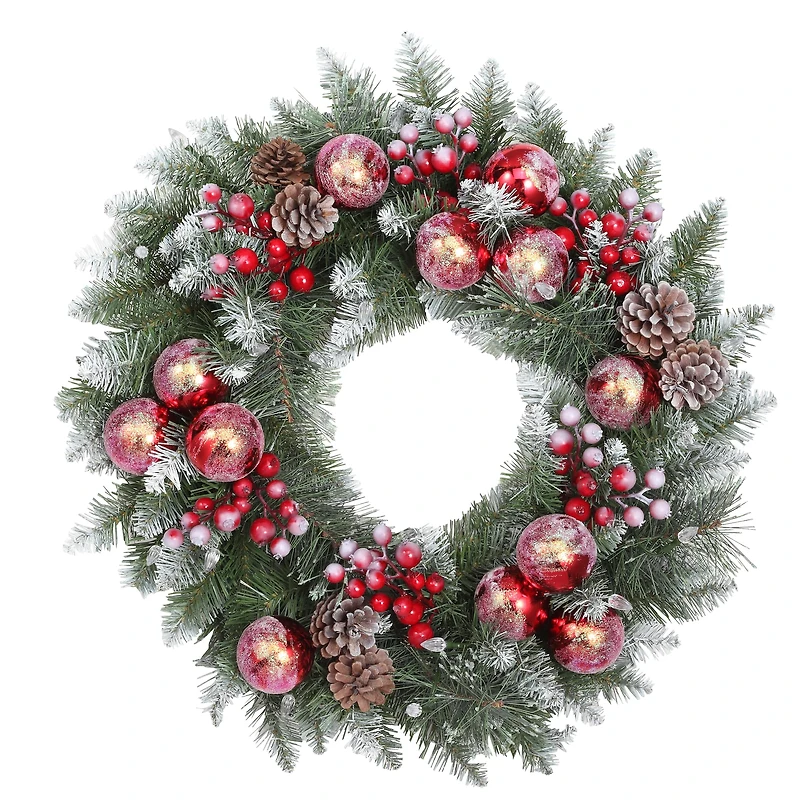 Haute Decor 24" Pre-Lit Frosted Ithica Pine Wreath, Soft White LED Lights
