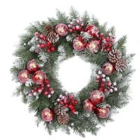 Haute Decor 24" Pre-Lit Frosted Ithica Pine Wreath, Soft White LED Lights
