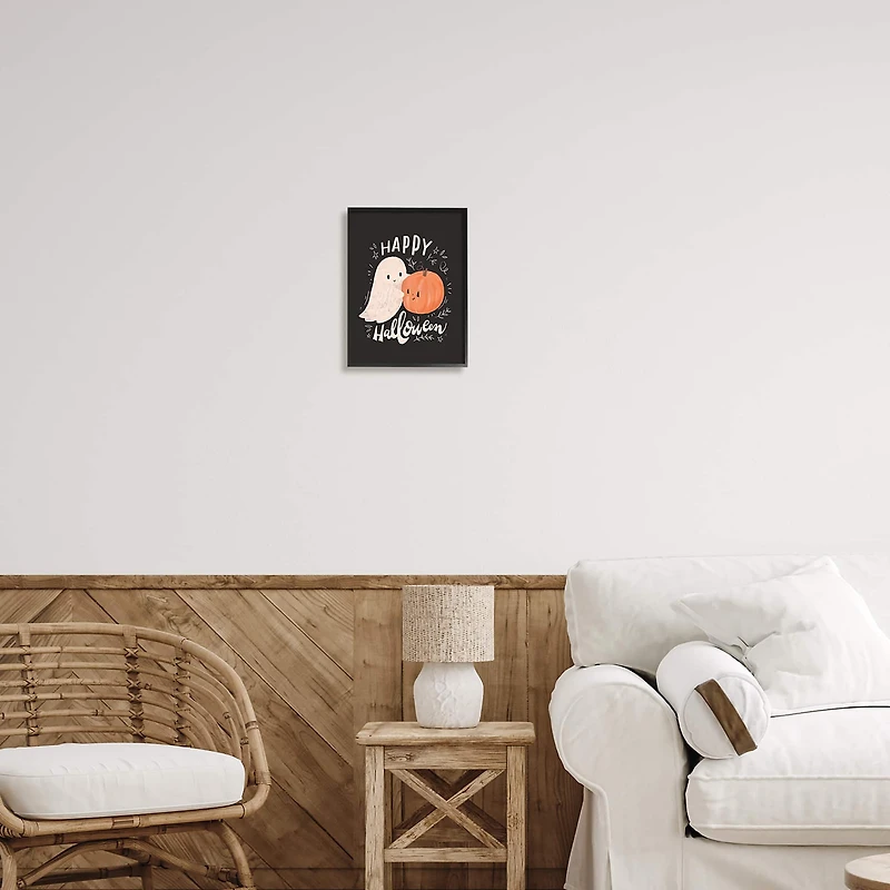 Stupell Industries Happy Halloween Smiling Ghost Pumpkin Framed Giclee Art