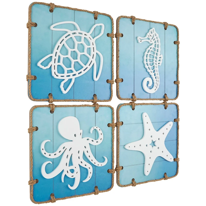 16" x 16" Blue Wooden Sea Life Ombre Wall Decor with Rope Accents Set